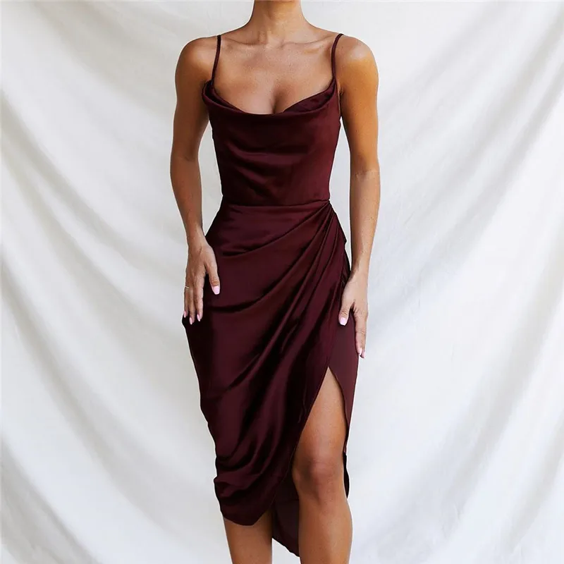

Luxury Clothing Slit Shoulder Slim Dress Hip Wrap Satin Evening Dresses Women Elegant Vestidos Satin Party Split Dress, Customized color