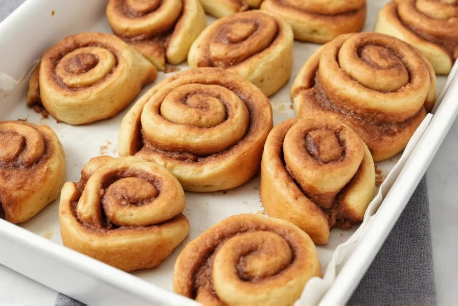 Perfectly baked golden brown cinnamon rolls on a baking sheet with melted butter glaze