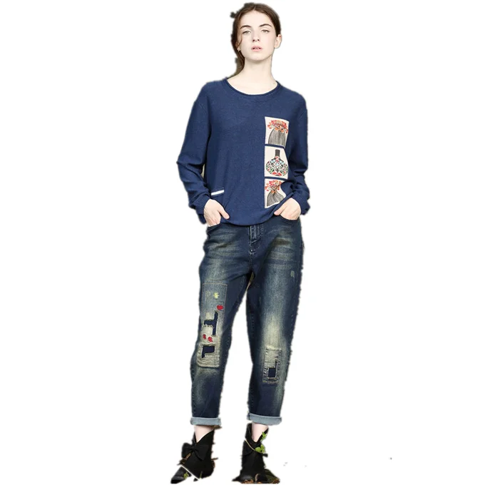 

Casual British Women Jeans Popular Ladies Trousers Pattern Patchwork Blue Jeans