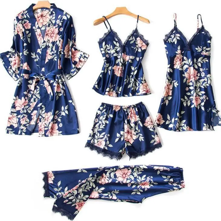 

Women satin floral printing five pieces sets soft and comfortable sleepwear pajamas, Black/pink/navy