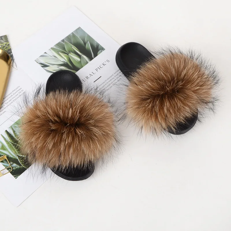 

Wholesale 2021 real raccoon fur sandals fur slippers, Customized color