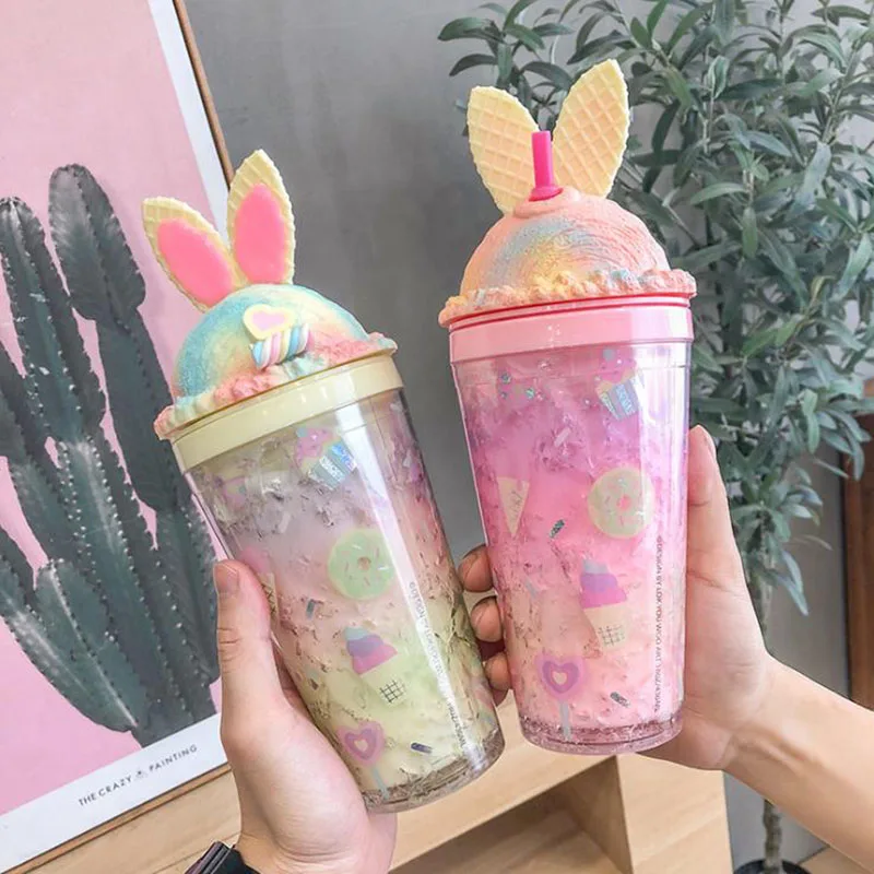 

UCHOME Summer ice gel reusable double wall plastic cup rabbit ears plastic straw drinking tumbler cup, Many colors can be choosed