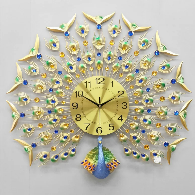

odm/odm JJT Handmade Luxury Silent Wall Clock Metal peacock Wall clock for hotel and livingroom horloge murale, As photo show