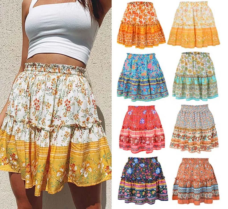 

Cowinner 's Bohemian Flower Print High Waist Ruffle Skirt Flared Boho A-Line Pleated Mini Skirt S-XL, As picture show