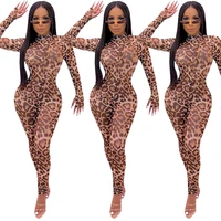 

B91290 wholesale Sexy lady long sleeve leisure leopard printing bodycon mesh see through jumpsuit women sexy casual clothing