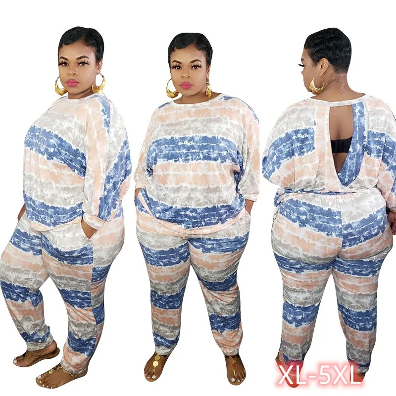 

Stock Striped personality printing loose fashion casual two-piece suit 2 Pieces sets plus size woman's clothing