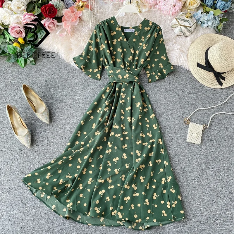 

Summer Women's French Style Short Ruffle Sleeve A-Line Midi Dress V Neck Beach Printed Dresses With Belt D13411X