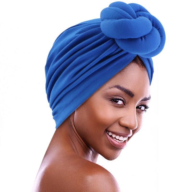 

Wholesale Custom Logo Solid Color Pattern Knotted Turbans Head Wraps Satin Lined Pre-Knotted Beanie Hair Covers Turban For Women