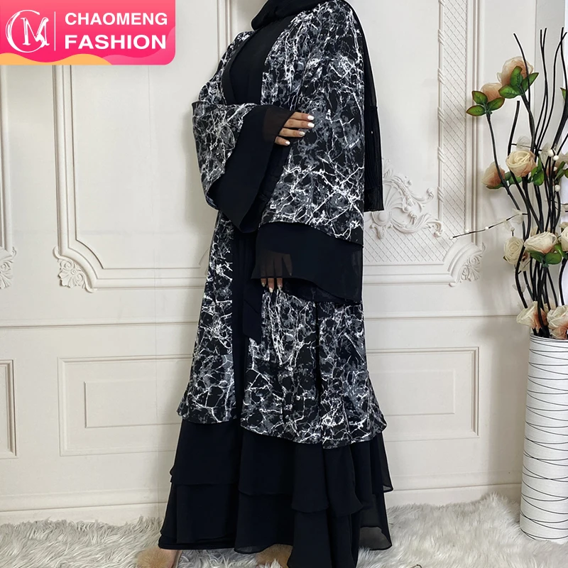 

1884# Latest Designs Printed Chiffon Abaya With Ruffles Muslim Dress Dubai Size Summer Spring Islamic Clothing For Women, Mint/pink/blue/black/purplr