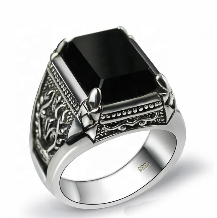 

Black obsidian ring vintage 925 sterling silver natural gemstone stone ring men fine jewelry royal de plata, Thail silver+black