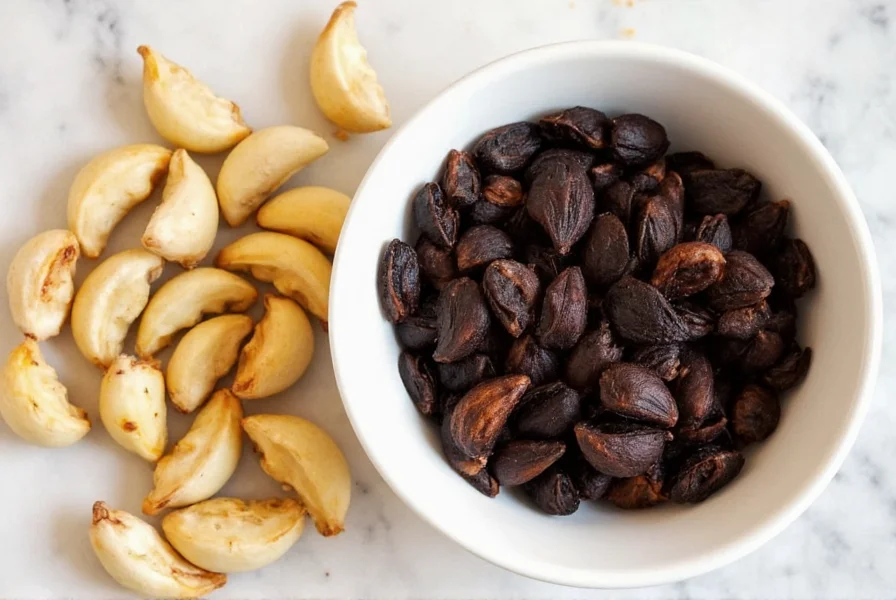 Comparison of properly roasted cloves next to over-roasted dark cloves in a white ceramic bowl