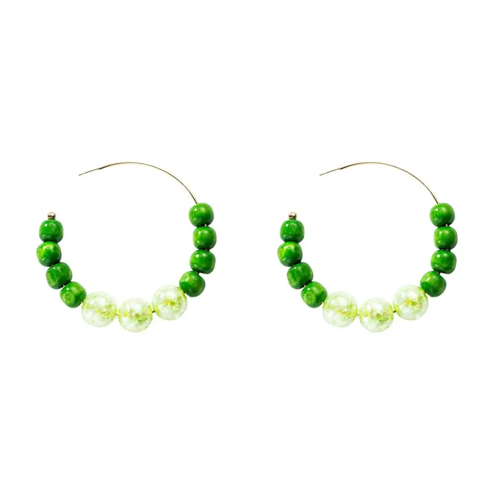 

Fashion 18K Gold Plated C Shape Beads Hoop Earrings Green Color Multi Beads Wooden Ball Resin Ball Hoop Earrings, Picture
