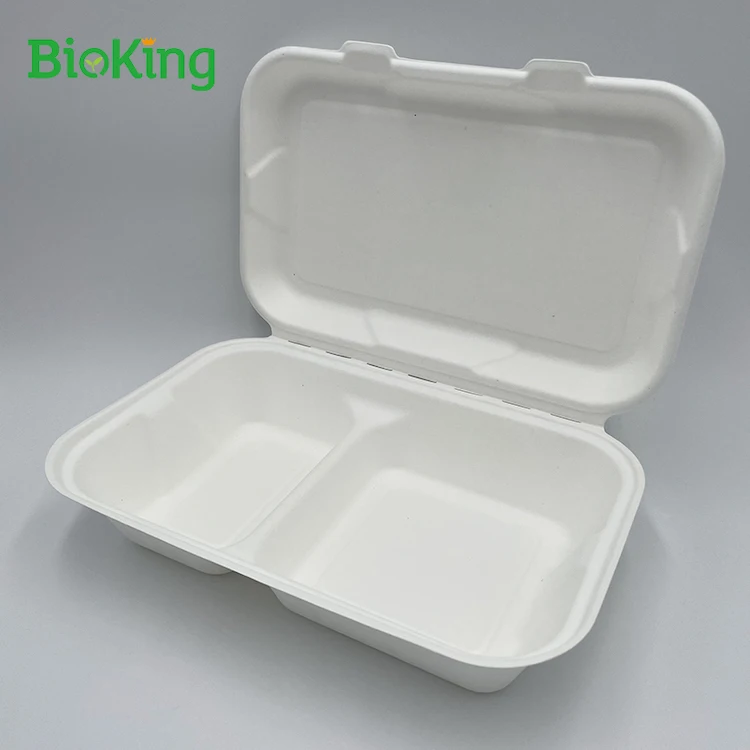 

BioKing sugarcane bagasse pulp biodegradable and compostable disposable takeaway food container clamshell, Bleached;natural