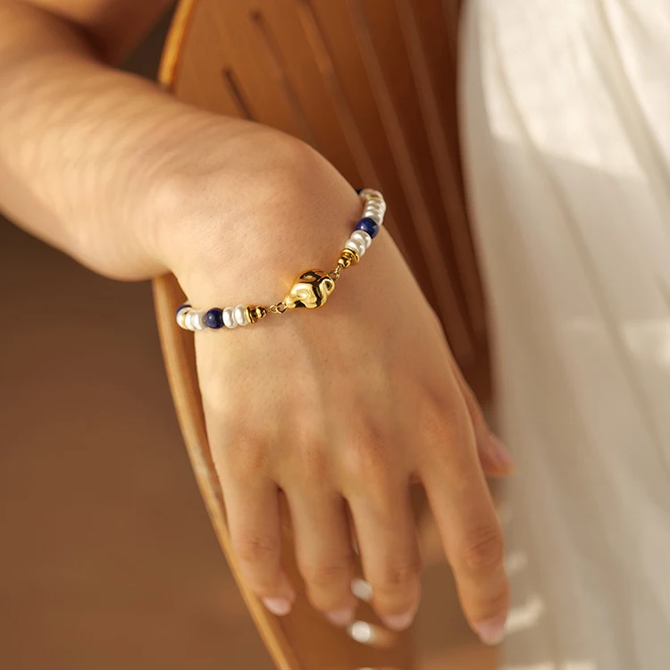 

Y069 Wholesale Bracelets PVD 18k Gold Plated Stainless Steel Women Jewelry Irregular Lapis Lazuli Pearls Bead Bracelet