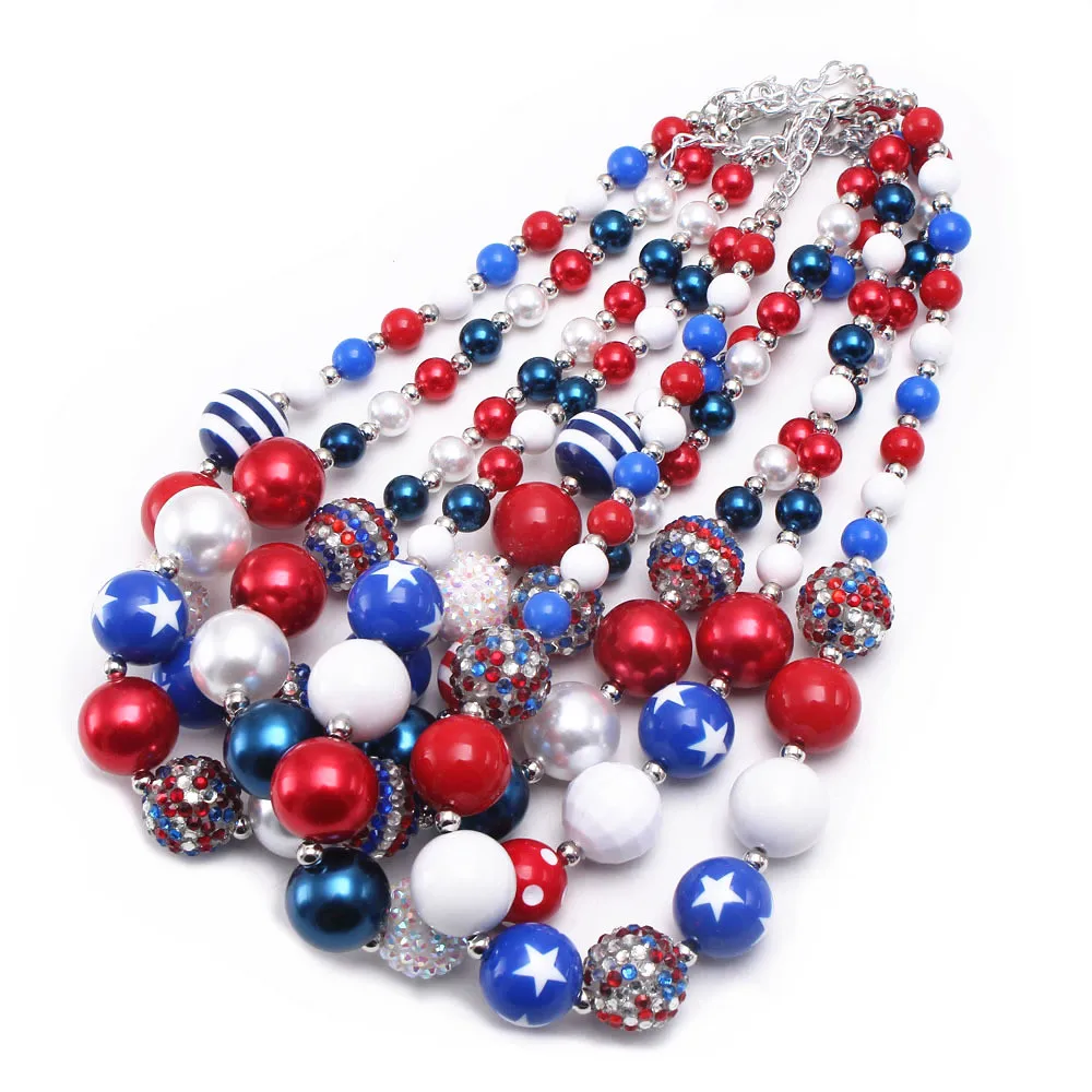 

Wholesale 4th of July Kids Chunky Bubblegum Patriotic Beads Necklace