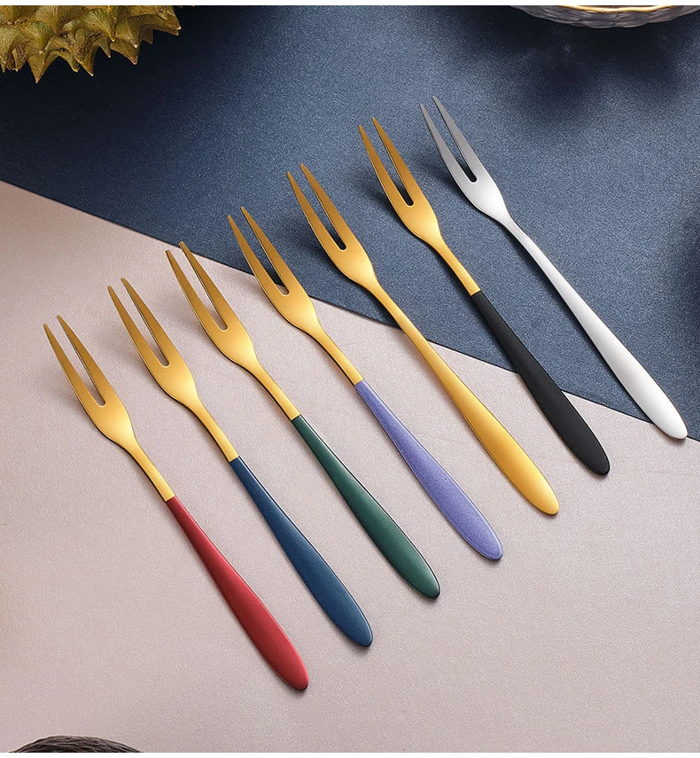 

Hot Sale Food Grade Dessert Gold Forks Set Luxury 304 Stainless Steel Fruit Forks Set, Silver/ gold/ black/ rose gold/ iridescent/ gold+color handle