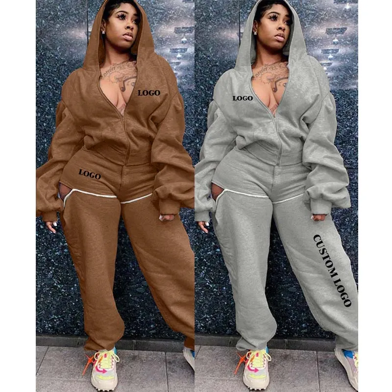

Free Shipping Women Two Pieces Tracksuit Hooded Zipper Sweatshirt Hole in the pants Sportswear Autumn Suits, Customized color