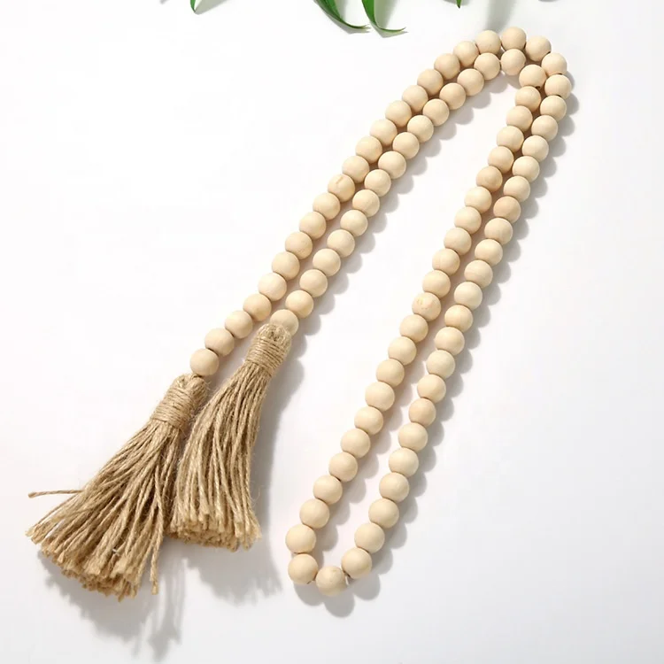 

DIY Hot Selling Wood Bead Garland Farmhouse Rustic Country Beads with Tassels Decor 16mm Beads