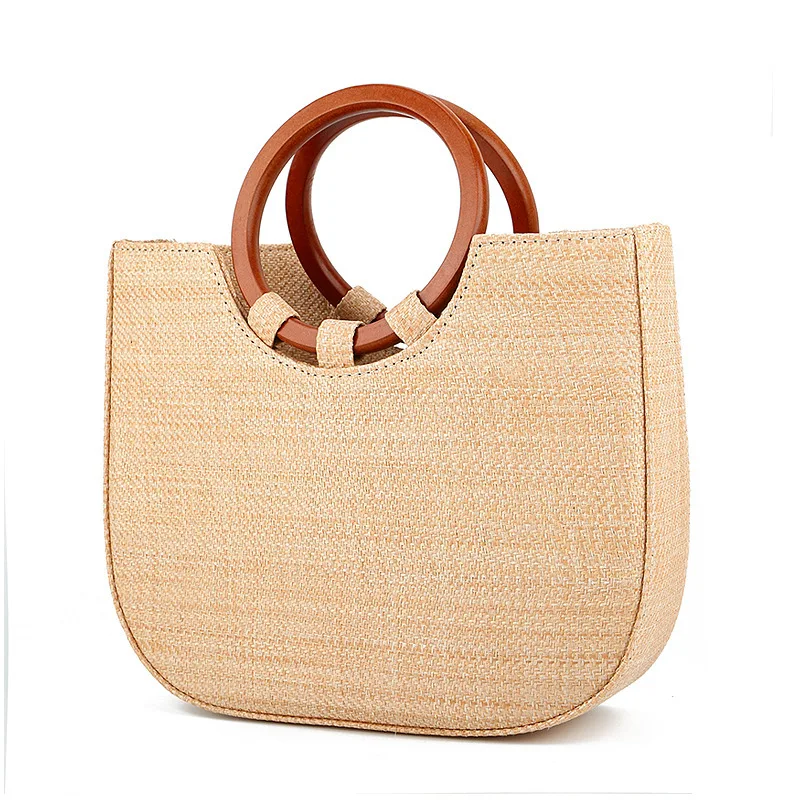 

Women Round Handle Ring Retro Summer Beach Straw Bag Hand-woven Straw Bag