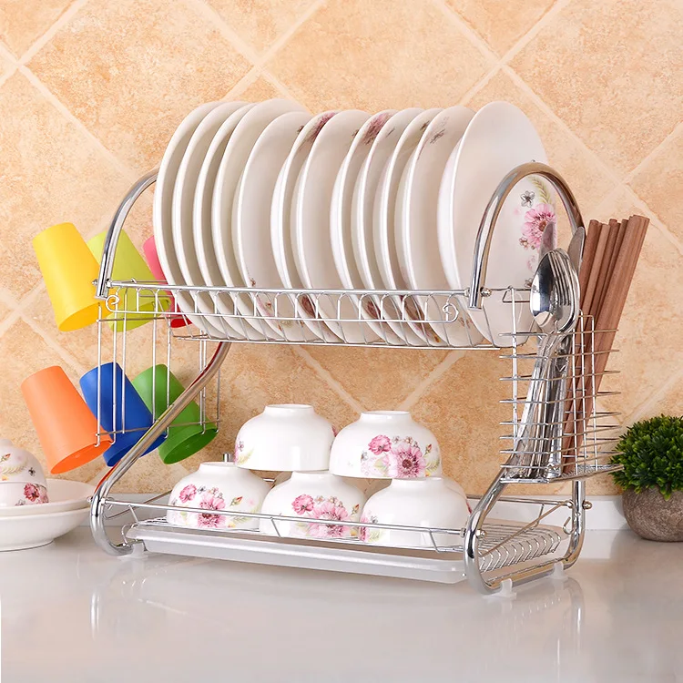 

Made of Carbon Steel 2 Layers Dish Rack Bowl S-Shaped Dish Draining Shelf