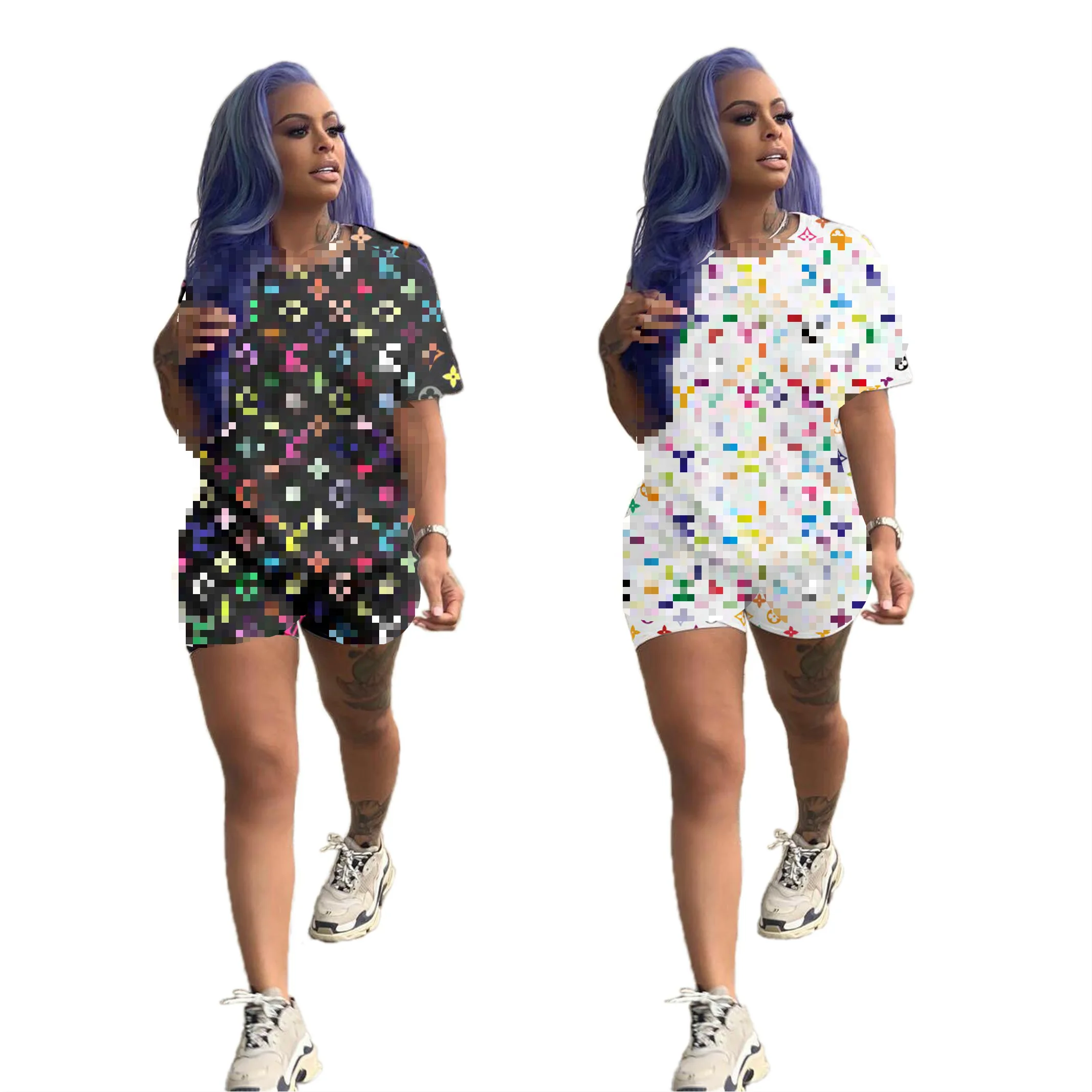 

Spot brand L**V letter printed shorts two-piece brown two piece short set