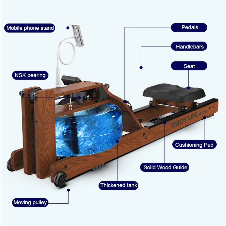 
body building rowing machine cardio hydraulic row machine transport wheels water rower 