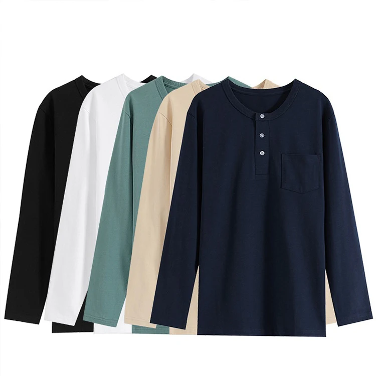 

Men's Anti Pilling Long Sleeve Heavy 100 Cotton Henry Neck 4XL T shirt