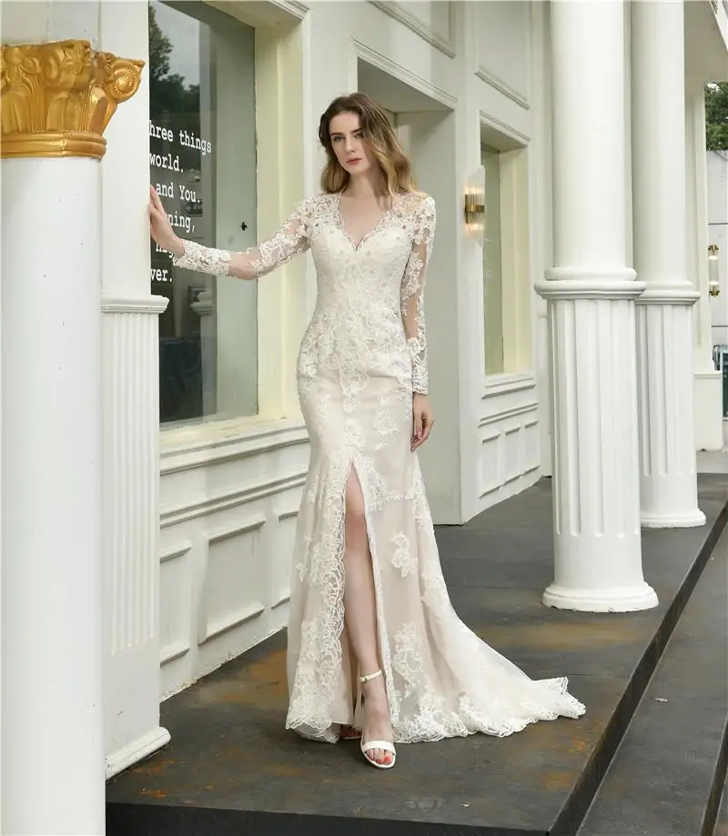 

2020 new arrival long sleeve bridal wedding gowns split wedding gown vestidos de novia mermaid wedding dress, As picture or your request