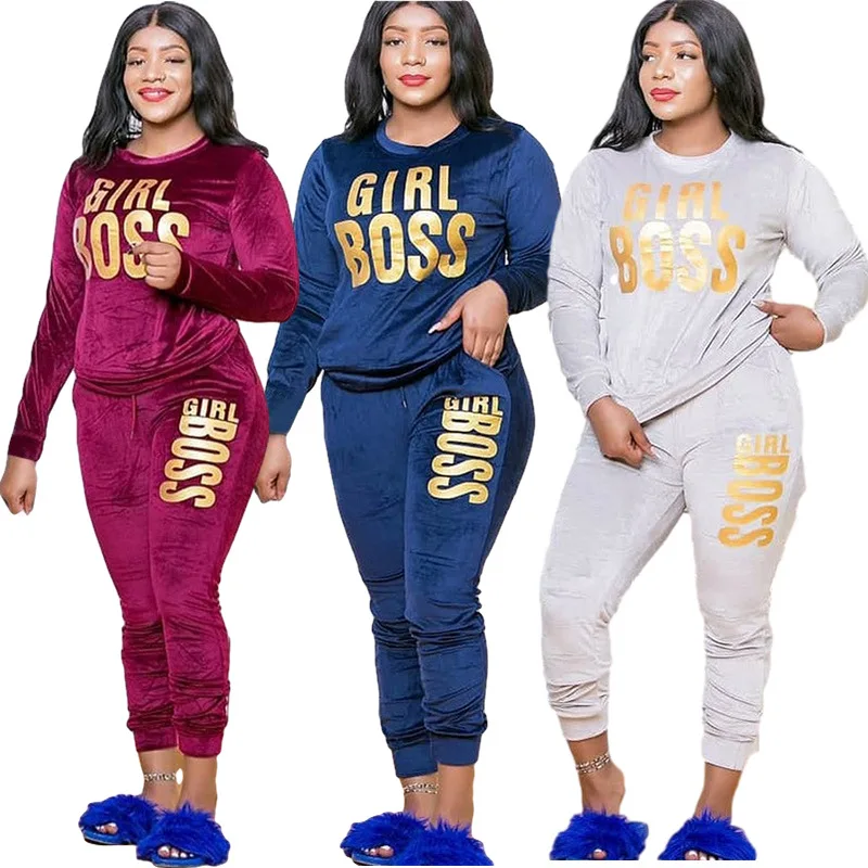 

Hot Sell Amazon Velvet Girl Boss Print Two Piece Set Autumn Plus Size Clothing Women