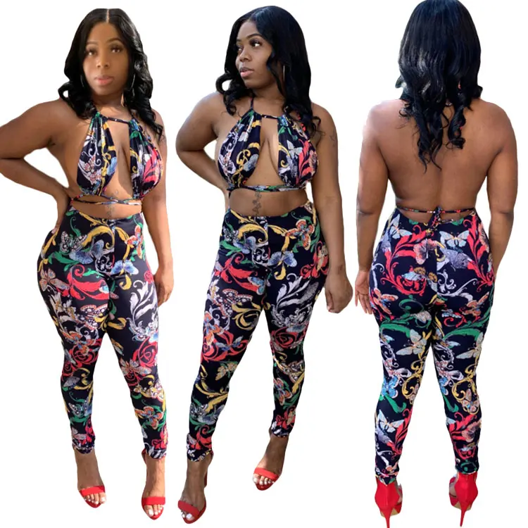 

2021 Summer Sexy 2 Piece Lounge Woman Floral Print Neon Clothing Match Two Piece Bra Pants Set, Picture