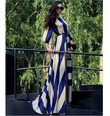 Plus size women's spring and summer striped super long chiffon dress