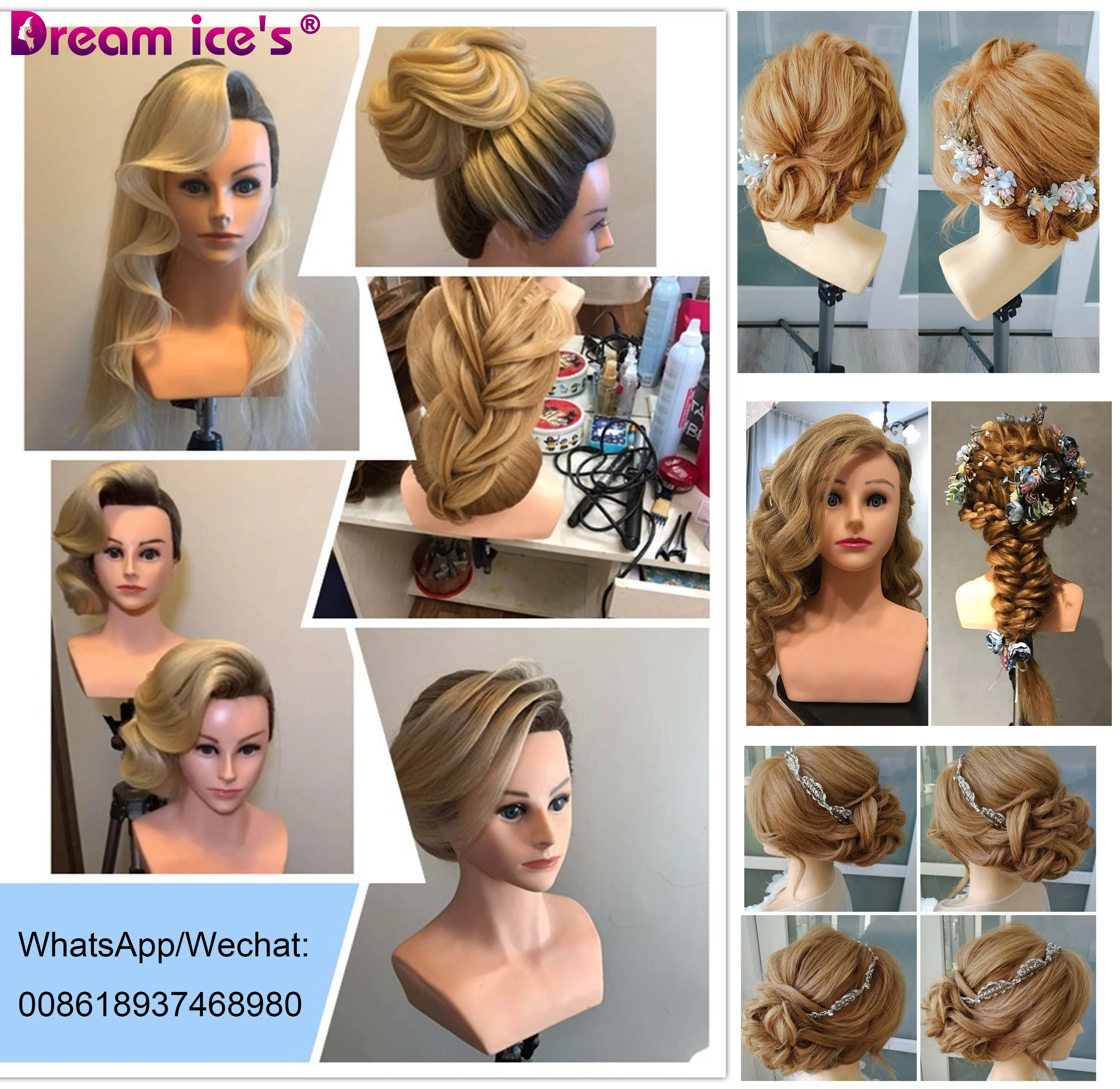 Dream.Ice's Hair 60-70cm 100% human hair blonde color hairdressing training mannequin head with shoulder for paint curl braid 