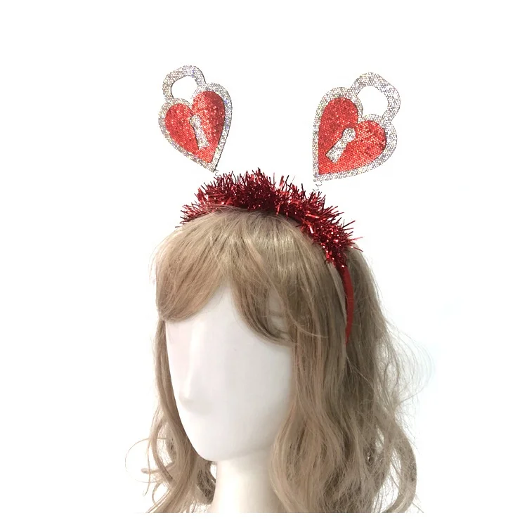 

DAMAI Valentines'Day Headband Red Cat's Ears Horn With Diamond Love Lock With Garland Lvoer's Headband Supplies