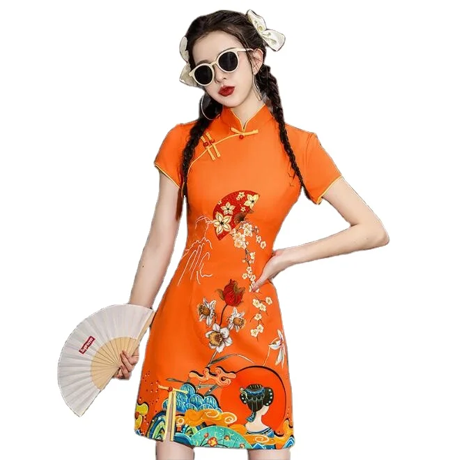 

ecoparty Vintage Chinese Traditional Casual Party Women Qipao Dress Summer Stand Collar Short Sleeve Cheongsam