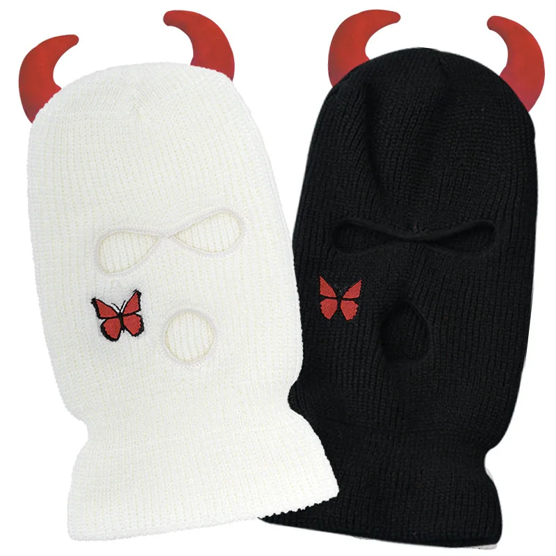 

Custom Logo Unisex Ski Mask Design Knitted Balaclava Face Mask With Devil Horns, Picture shows