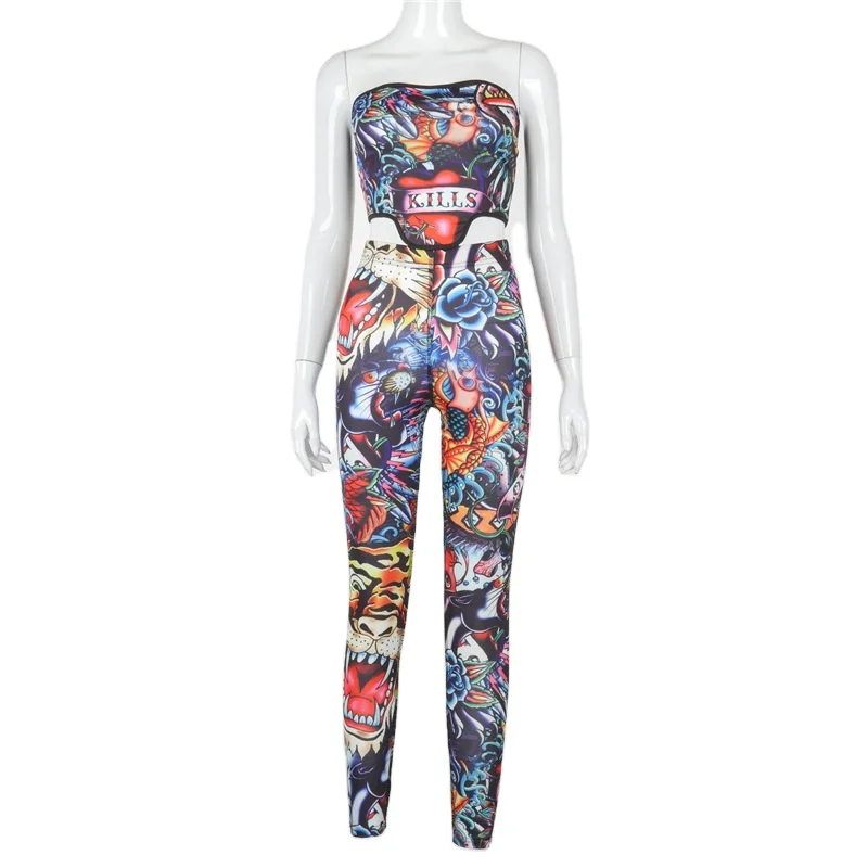 

2021 Female Sexy Party Outfits Women Pattern Print Sleeveless Backless Tube Corset Top Bodycon Leggings Pants 2 Pieces Set Suit, Blue
