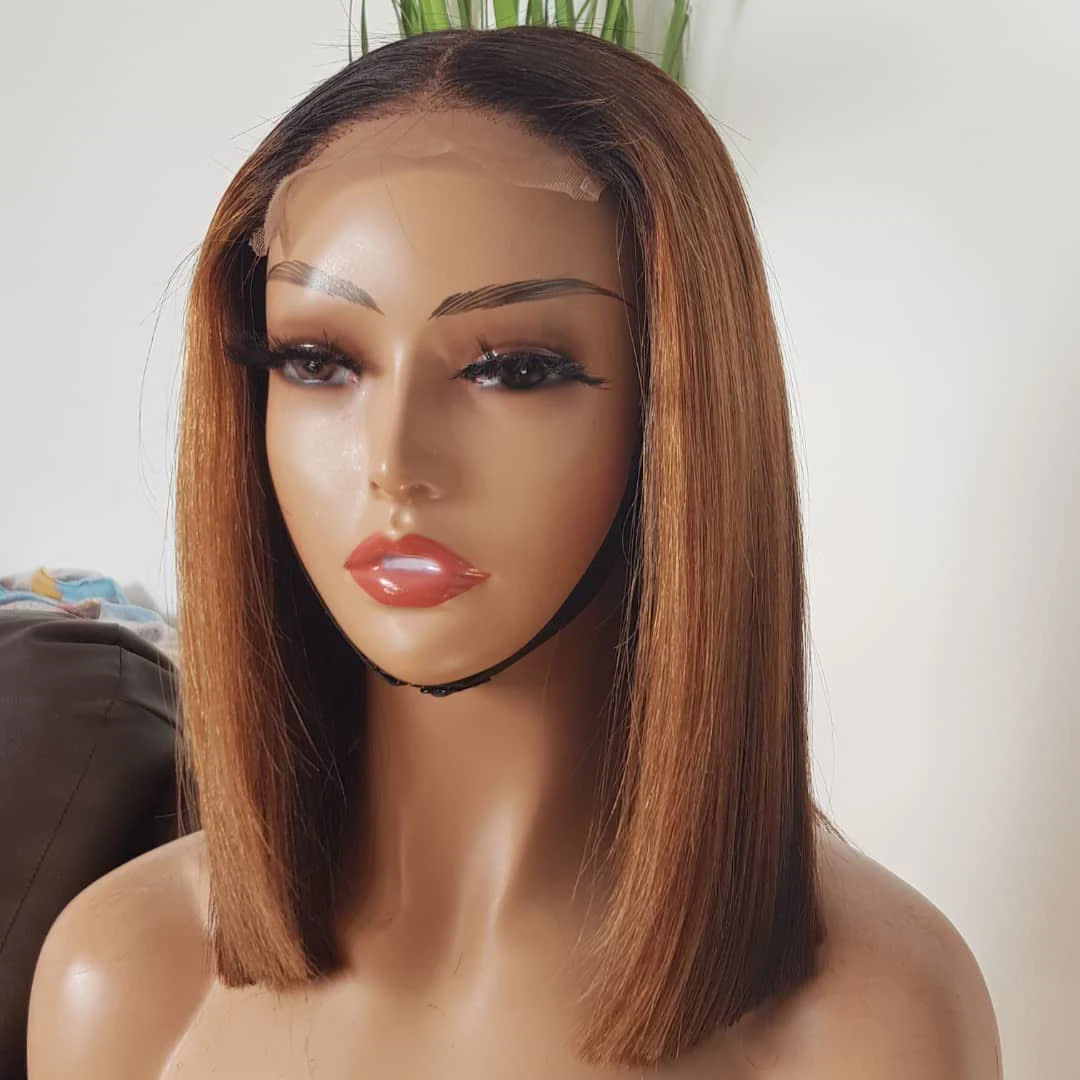 

Pre plucked honey brown ombre colored short bob cut lace front wig Brazilian ombre colored bob wig for black women