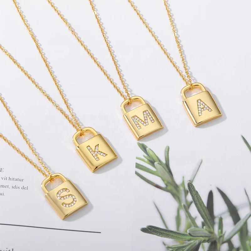 

2020 Punk trendy real gold plated lock letter engraved micro inlaid zircon stainless steel pendant initial necklace jewelry, As the pic show