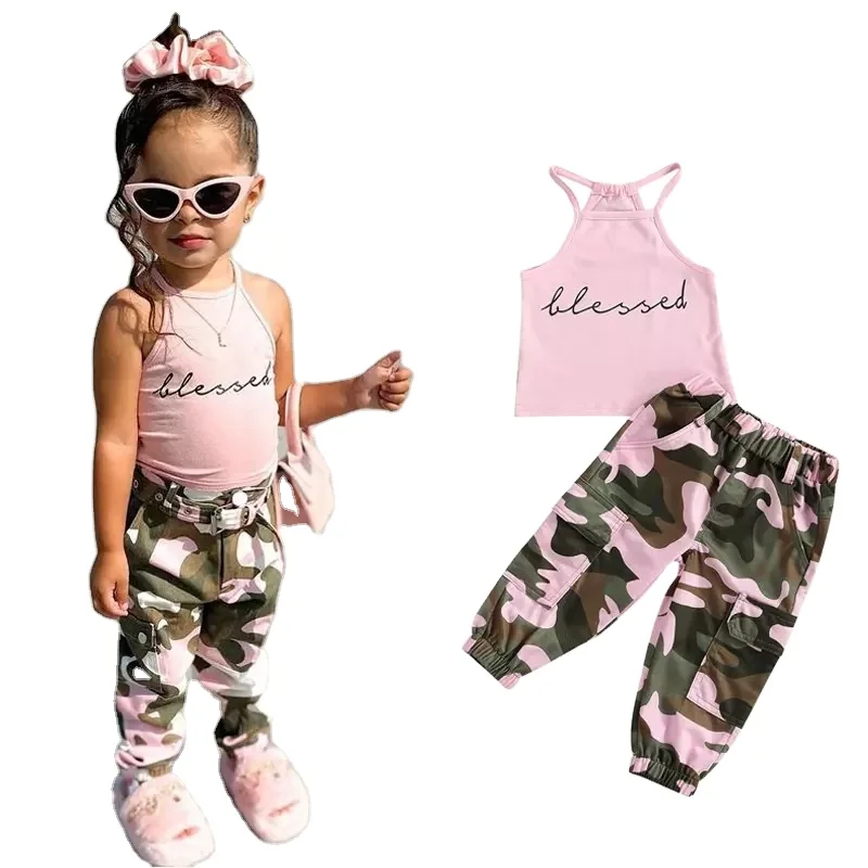 

2021 Hot selling children clothing summer toddler kids 2 pcs suit letter printed sleeveless top camouflage pants girl clothes