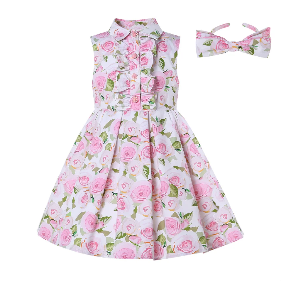 

Pettgirl Wholesale Kids Dress Princess Elegant Delicate Floral Printed Clothes Girl Children 3 4 5 6 8 10 12 14Y And Hairband