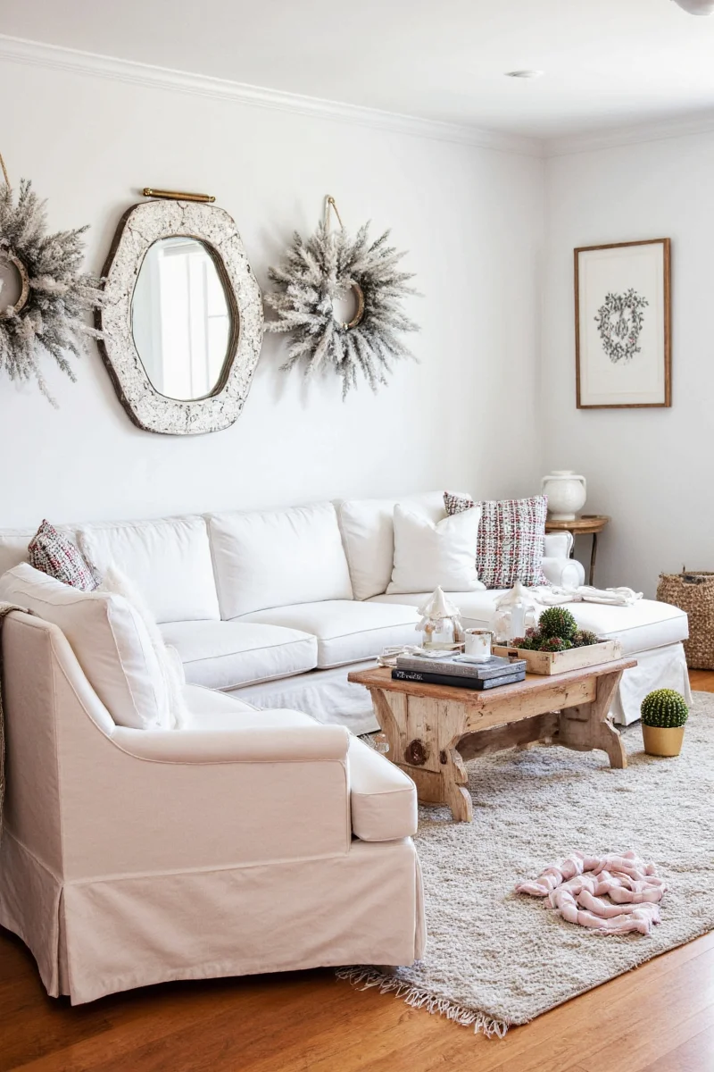 Festive shelf decor with small trees and candles