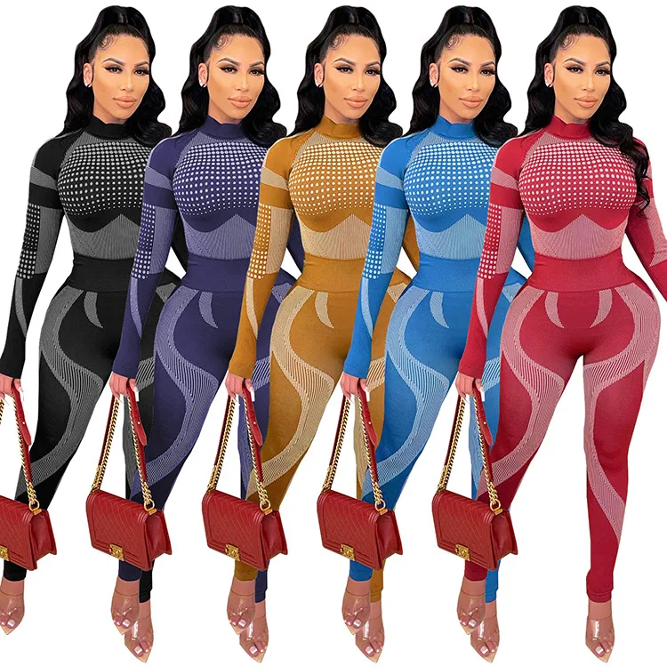 

2021 New Fall Print Casual Tracksuit Fashion Tight Jogger Outfits Women's Sport Yoga 2 Piece Set