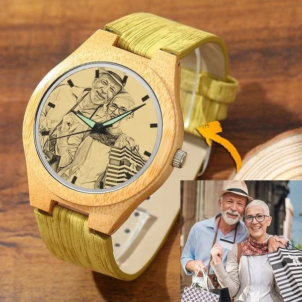 

45mm 2021 Bamboo Wood Watch Engraved Wooden Leather Strap Men Watch Custom Photo Fashion Watches