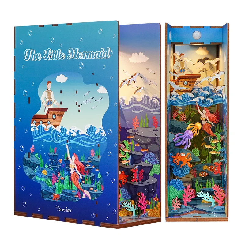 

Tonecheer wood jigsaw for kids wooden 3d puzzle The Little Mermaid Book Nook with body sensor led light