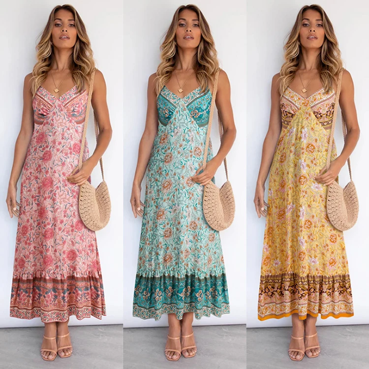 

2021 Summer High Waist Robe Maxi Womens Bohemian Sling Floral Dress Print Elegant Casual Women Dresses Long Floral Summer Dress