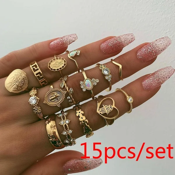 

15PCS Boho Gold Ring Set Joint Knuckle Carved Finger Rings Stylish Hand Accessories Jewelry for Women and Girls