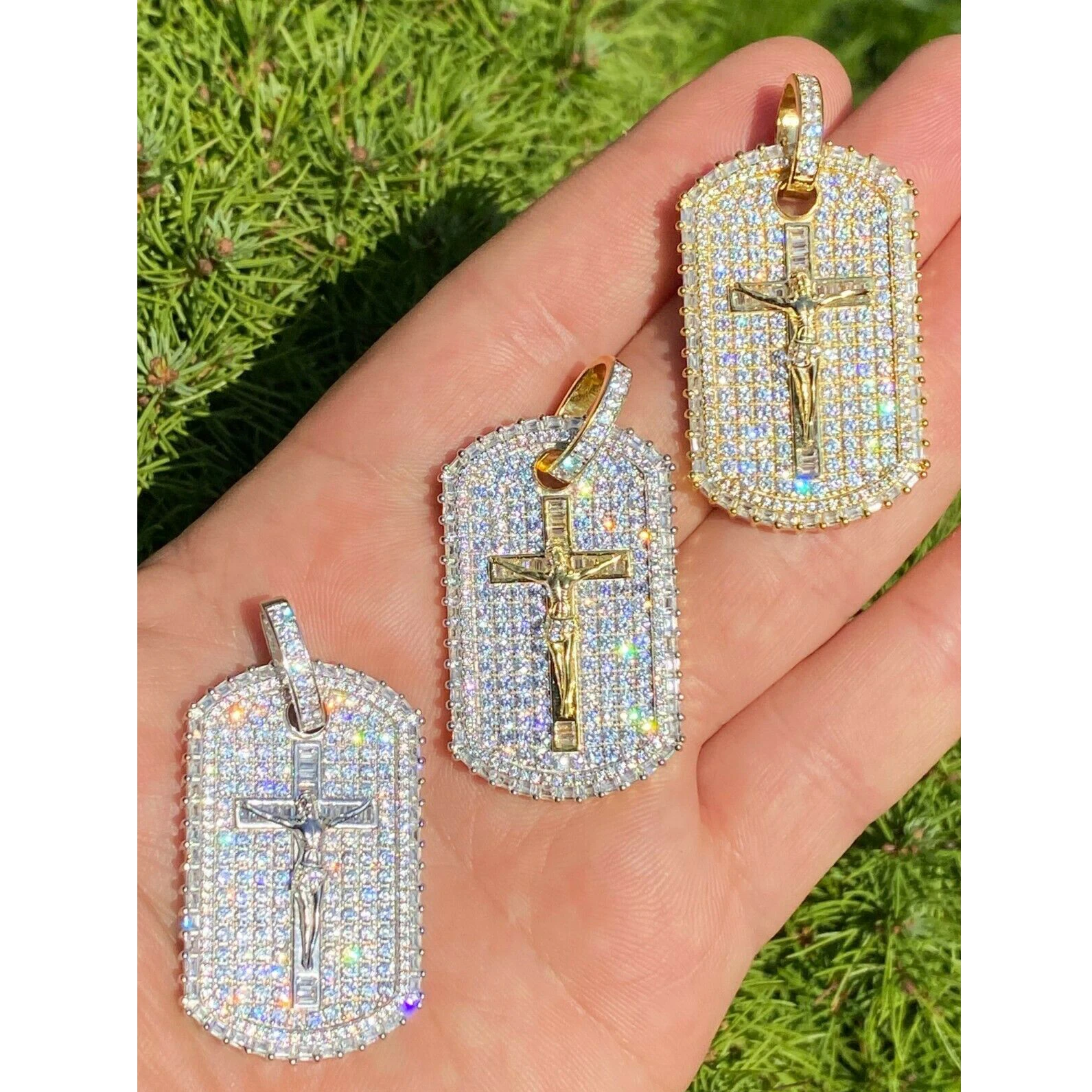 

18k gold two tone plating micro pave 5A cubic zirconia dog tag geometric iced out bling cz Jesus cross tag necklace, Silver