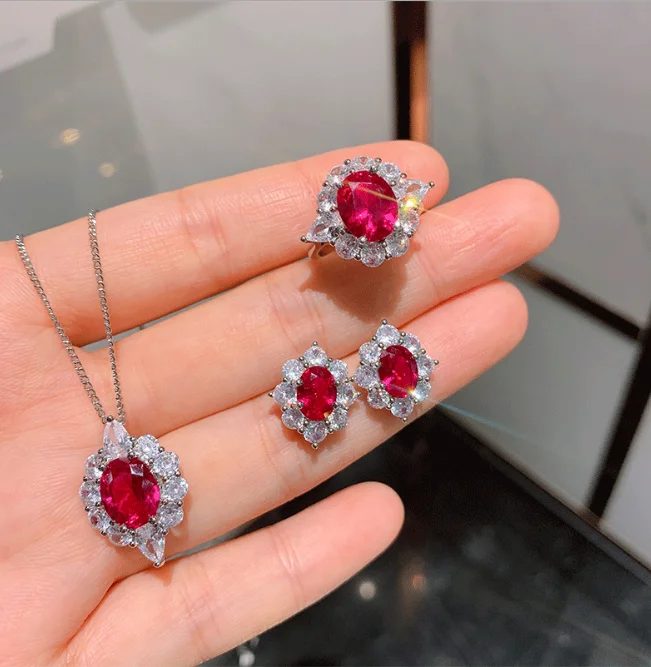 

Sterling Silver 925 Wedding Party Jewels High Quality Sparkling Pigeon Blood Ruby Diamond Stud Earrings Necklace Set, As picture