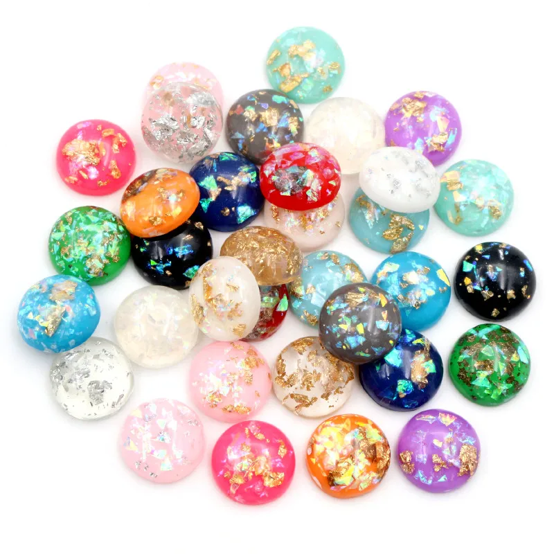 

Fashion 40pcs/lot 12mm 8mm 10mm Mix Colors Built-in Metal Foil Flatback Resin Cabochons Cameo for DIY Jewelry Making Supplies