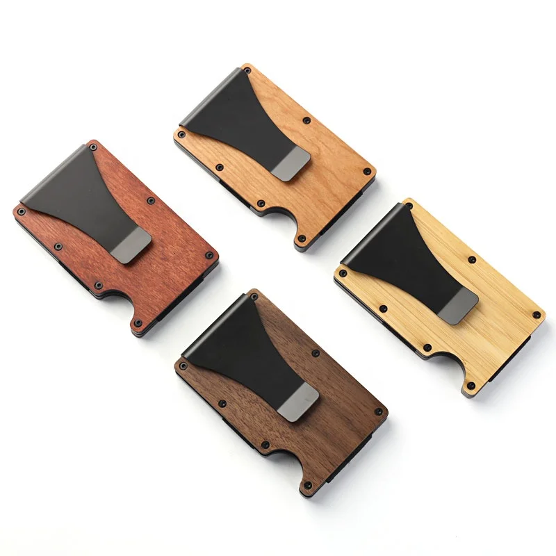 

Nature Wood Card Holder Metal Money Clip Card Wallet For Credit Cards Money Clip, Walnut wood, cherry wood, rosewood, perilla wood, colorful wood